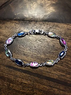 Vintage Silver Tone Paua Shell Bracelet In Bright Peacock Colors 7” Signed SJ • $14