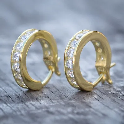 Solitaire Iced 14K Gold Plated Small Cz Sterling Silver Mens Hoop Earrings • $17.99