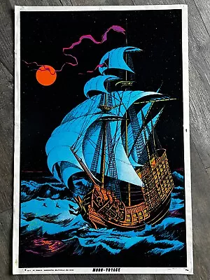 MOON VOYAGE Sailing Ship Vintage Flocked Blacklight Poster 1974 Nautical Boat • $39