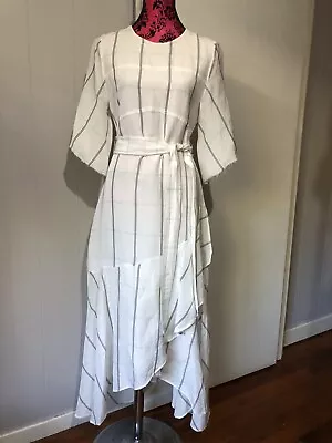 Country Road 12 Dress A Line Maxi Hi Low Fluted Hem White Check Short Sleeve EUC • $95