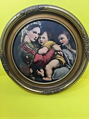 Vintage Raphael MADONNA OF THE CHAIR Round Antique Look Gold Tone 11 1/4  Frame • $40