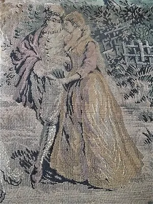 Large Vintage Belgium Tapestry  Lovers At The Fountain 25x33  Garden Scene • $45