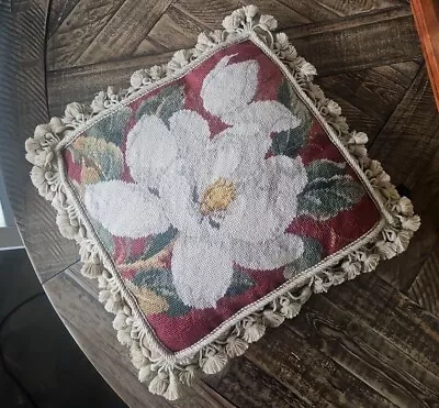 Vintage Handmade Wool Needlepoint Flower Pillow With Tassels 15  X 15  Borgata • $49.97