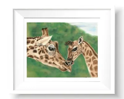 Original Art Giraffe Print Mother & Baby Animal Art By Tracey Earl A4 Unframed • £9.50