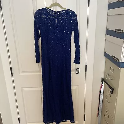 NEW MARINA Long Sleeve Laced Sequined Gown - Cobalt - Size 6 - NWT • $29.24