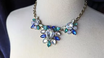 J Crew Gold Tone Lucite Rhinestone Flower Blue Green Clear Teardrop  Necklace  • $28