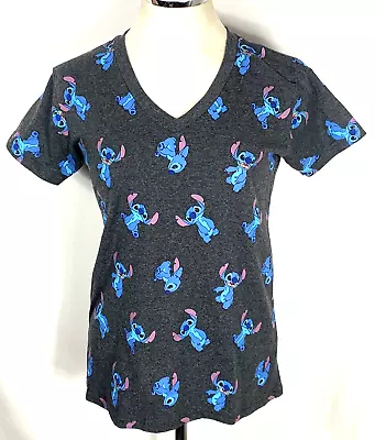 Disney Stitch Shirt Sz S Gray Overall Stitch Print Short Sleeve V-Neck • $8.99