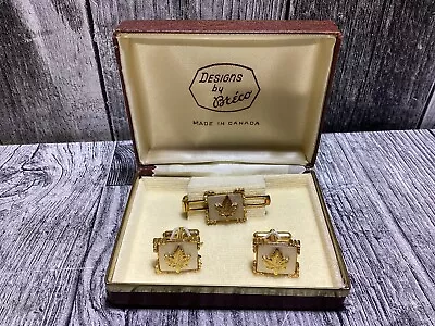 Vintage Gold Tone Pearl Maple Leaf Tie Clip & Cufflinks Set In Original Box (F13 • $25.44