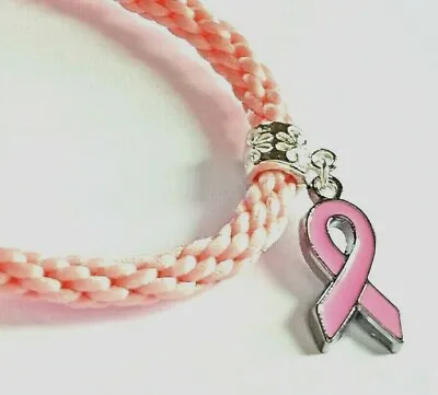 Breast Cancer Awareness PALE PINK Ribbon Charm On Pink Kumihimo Bracelet  • £2.59