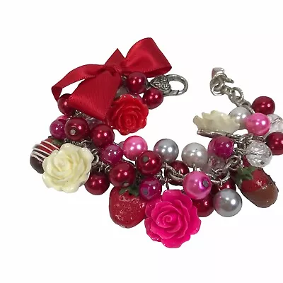 Vintage Loaded Charm Bracelet Hearts Flowers Strawberry Plastic Retro Rockabilly • $24.93