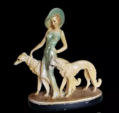 Vtg Mid-Century Woman Walking Dogs Chalkware Sculpture Borzoi Art Deco Santini • $100