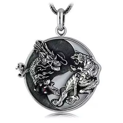 Mens Antique Silver Protection Dragon Tiger Yin Ying Yang Pendant Necklace Men • $7.90