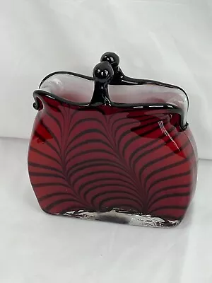 Murano Style Art Glass Red And Black Stripe Hand Blown Coin Purse Vase • $49.95
