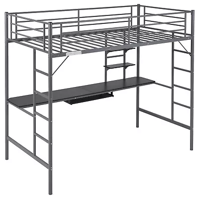 Metal Twin Size Loft Bed With Built-in Desk And Storage Shelves Bedroom Gray • $167.99