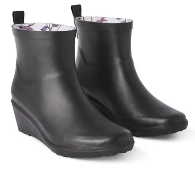 New Black Wedge Chelsea George Waterproof Extra Comfort Rain Boots Women's 7 • $14.30
