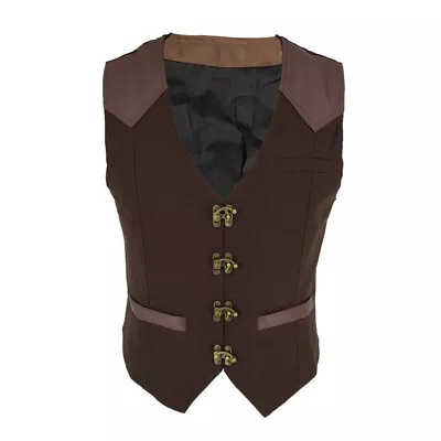 Mens Medieval Steampunk Faux Leather Cowboy Waist Coat Vest • $62.69