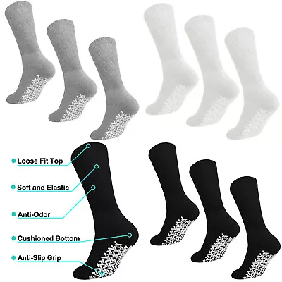 3 Pairs Anti Slip Rubber Grip Non Skid Crew Cotton Diabetic Socks Home Hospital • $9.99