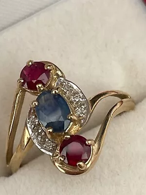 Ruby   Sapphire And Diamond Cluster  Ring Size N And A Half 9ct Gold  2.8 Grams • £115