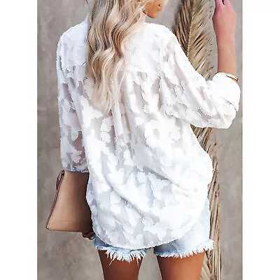 (White M)Women Blouse Lace Turn Down Collar Long Sleeve Exquisite Loose Top GFL • £7.43