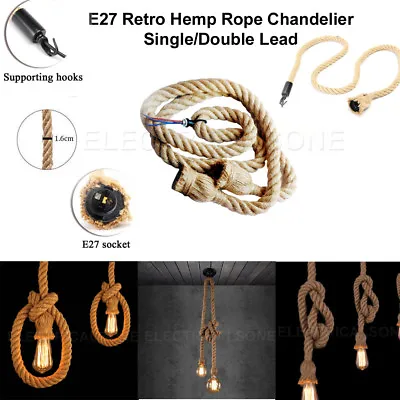 Industrial E27 Vintage Retro Loft Hemp Rope Iron Pendant Ceiling Light Lamp Kit • £9.45