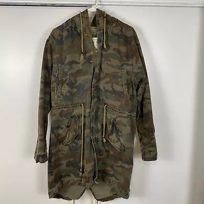 Vintage Military Style Camo Jacket Green Hooded Canvas Coat Large Smoke Rise • $26.57