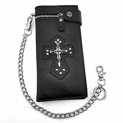 Gothic Skull Cross Biker Punk Card Holder Mens Leather Wallet With Pants Chain • $16.99