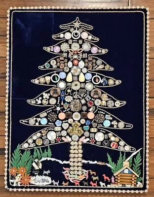 Vintage Handmade Christmas Tree Costume Jewelry Blue Velvet Collage Brooch Butto • $125.99