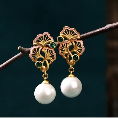 Jade Enamel Pearl Dangle Earrings Boho Flower Dainty Gemstone 18K Gold Plated • $11.95