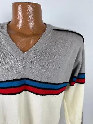 Vintage 80s Striped V-neck Sweater L Tight Fit Acrylic Knit Colorful Ski Retro • $24.99