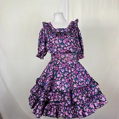 Square Dance 3 Pc Dress Outfit Skirt Blouse Belt Pansy Print Purple Pink Green  • $99