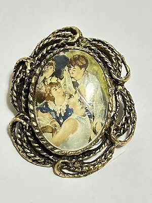 Vintage WG Hand Painted Porcelain Brooch Gold Tone Filigreed Lady At Lunch • $9