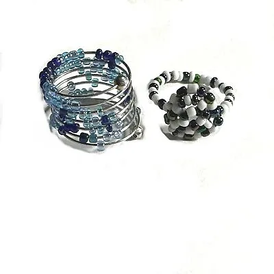 Handmade Beaded Rings Adjustable Blue Memory Wire Wrap & B/W Domed Center • $8.63