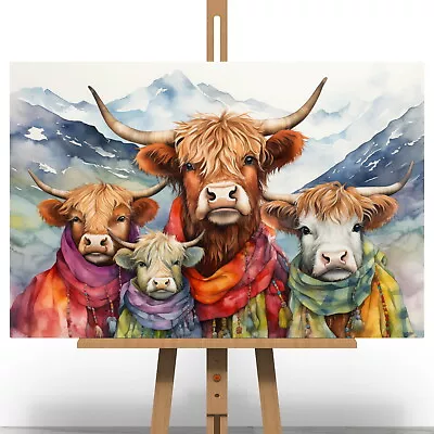 Highland Cow Family Canvas Print Picture Painting Gift Scottish Wall Art Tartan • £9.99