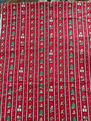 VTG  Holiday Christmas Tree Santa Teddy Toys Border Fabric Quilt Cotton 52”x 42” • $8.50