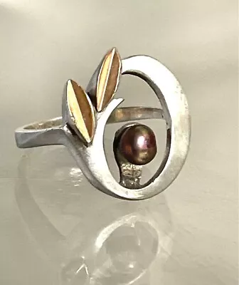 Made In Ukrain 875 Sterling Silver And 14k Gold Black Pearl Ring Size 8 • $39