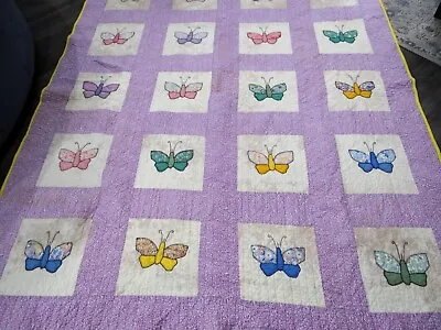 Hand Sewn Stitched BUTTERFLY Vtg Patchwork Quilt 75  X 94  Pink/Purple/Yellow • $74.99