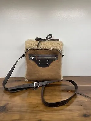 UGG Ziptop Bow Tie Crossbody Bag Purse Sheepskin Shearling Leather Strap Brown • $72