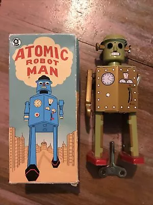 Atomic Robot Man Tin Plate Automaton Wind Up Toy 70s Vintage Walking Bot Box Key • £10