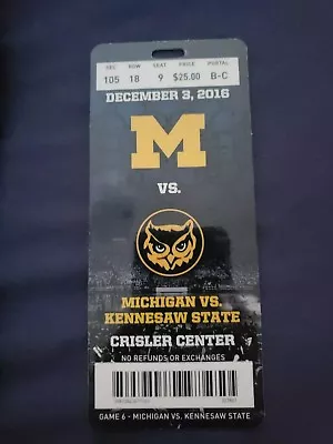 2016 - 2017 Michigan Wolverines Vs Kennesaw State Basketball Plastic Ticket • $9.99