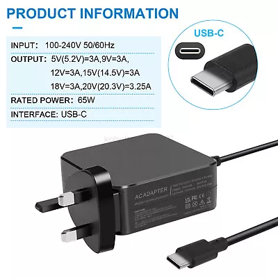 65W USB C Type-C Adapter Charger For DELLHPASUSLenovoHuaweiAcer Laptop • £11.99