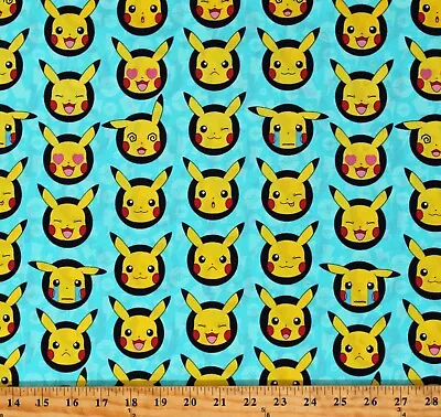 Cotton Pikachu Faces Pokemon Video Games Aqua Fabric Print By The Yard D787.01 • $12.95