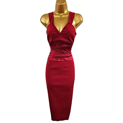 UK 10 KAREN MILLEN Vintage Red Tuxedo Oriental Corset  Pencil Dress • £94.99