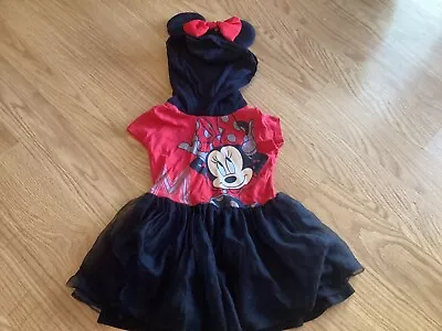 Disney Minnie Mouse Tutu Dress Hooded Black & Red Size Girls XS 4/5 SS Hair Bow • $9.99