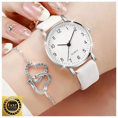 Watch And Bracelet Set Women Girls Fashion Leather Strap Wristwatch Gift Set • £5.99