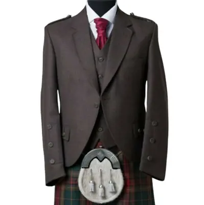 £59.99 • Buy Brown Scottish Argyle Kilt Wool Jacket With Waistcoat Men Wedding Jacket