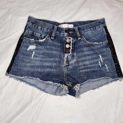 $14.99 • Buy Zara Women's 2 Shorts Distressed Raw Hem Button Fly Black Sequin Stripes