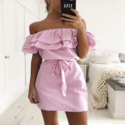 $0.99 • Buy Womens Fashion Summer Casual Beach Mini Dress Ruffle Off Shoulder Party Clubwear