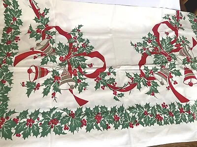 Vtg Christmas Bells Ribbon Holly Berry MCM Tablecloth Square • $21