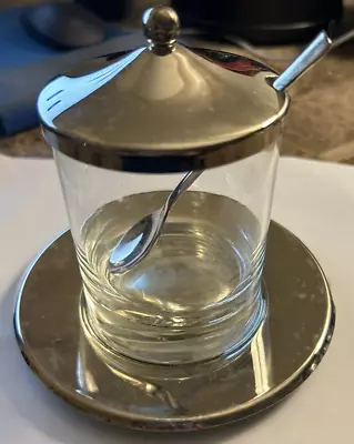 Vintage Silver Plated Condiment Glass Container W/ Spoon & Tray • $18