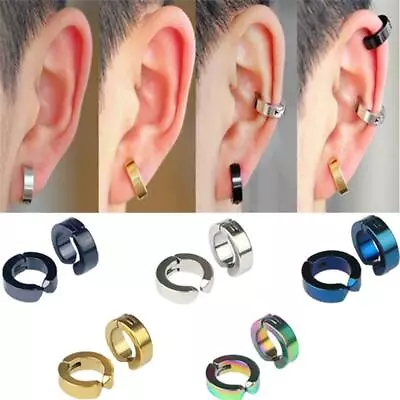 Non-Piercing Clip On Fake Men Women Ear Stud Cuff Hoop Earrings Stainless Steel~ • £3.22